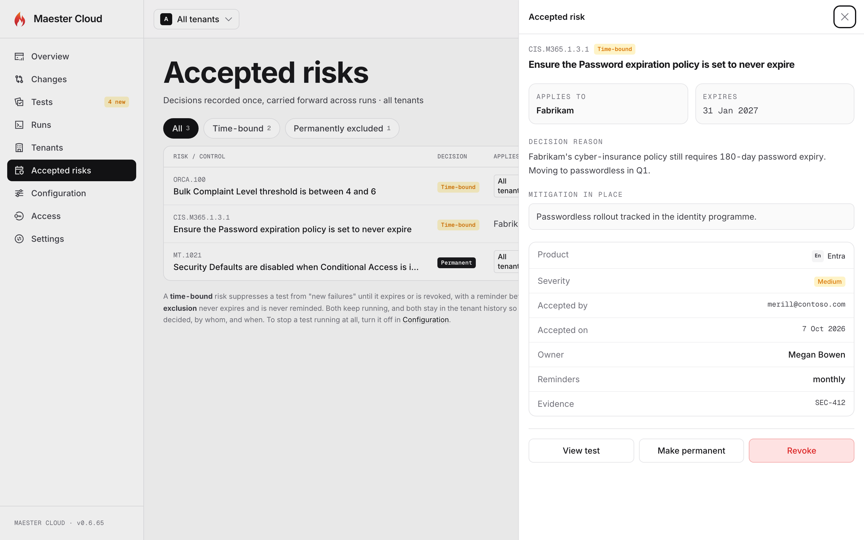 The detail panel for an accepted risk, with the decision reason, the mitigation, the owner, the reminder cadence and the evidence ticket.