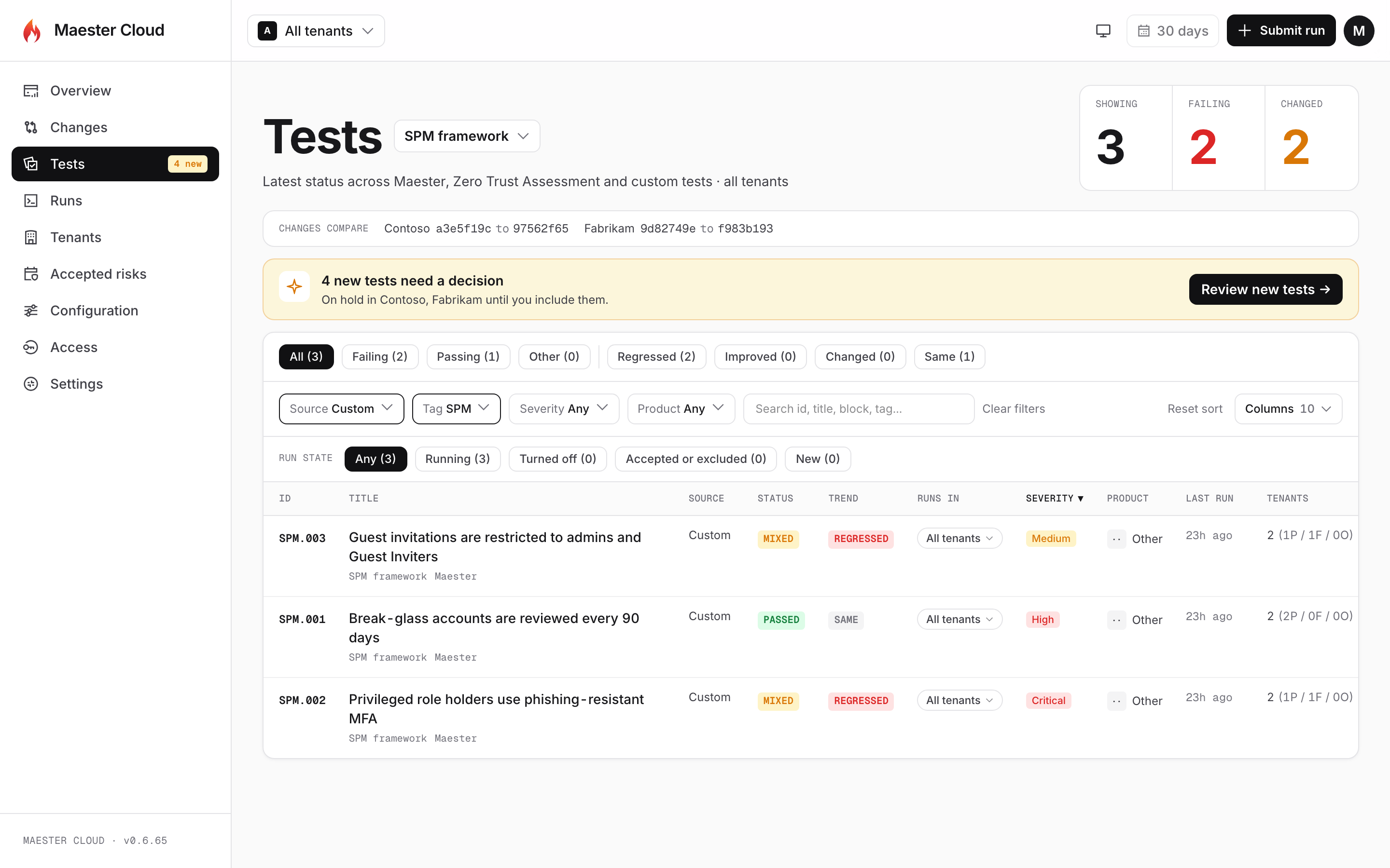 The Tests page filtered by the SPM framework saved view, showing three custom tests.