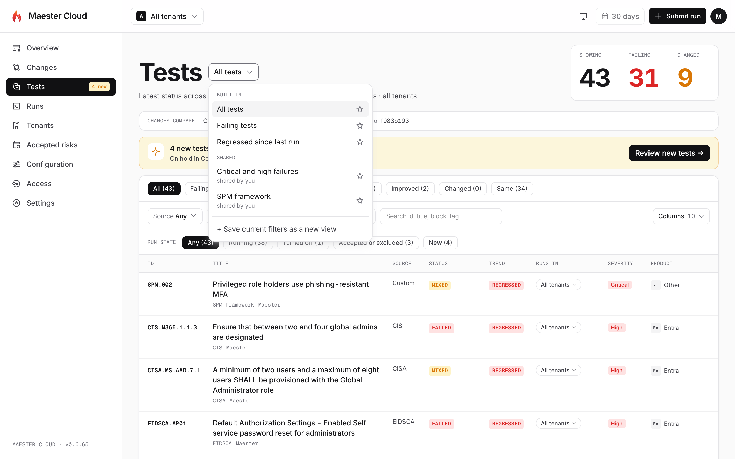 The view switcher on the Tests page, listing built-in views and two shared views.